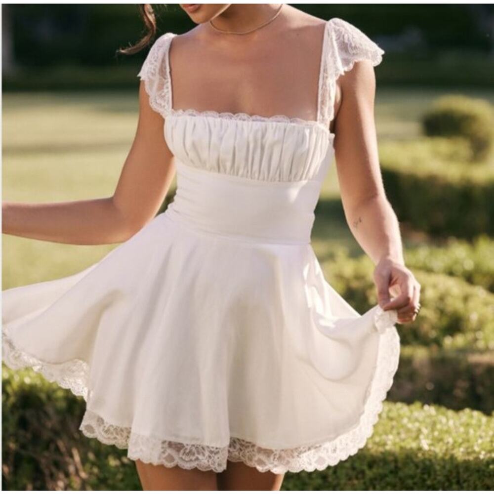 HOUSE OF CB Kaia Lace Trim Fit & Flare Mini Dress Ivory Size Large